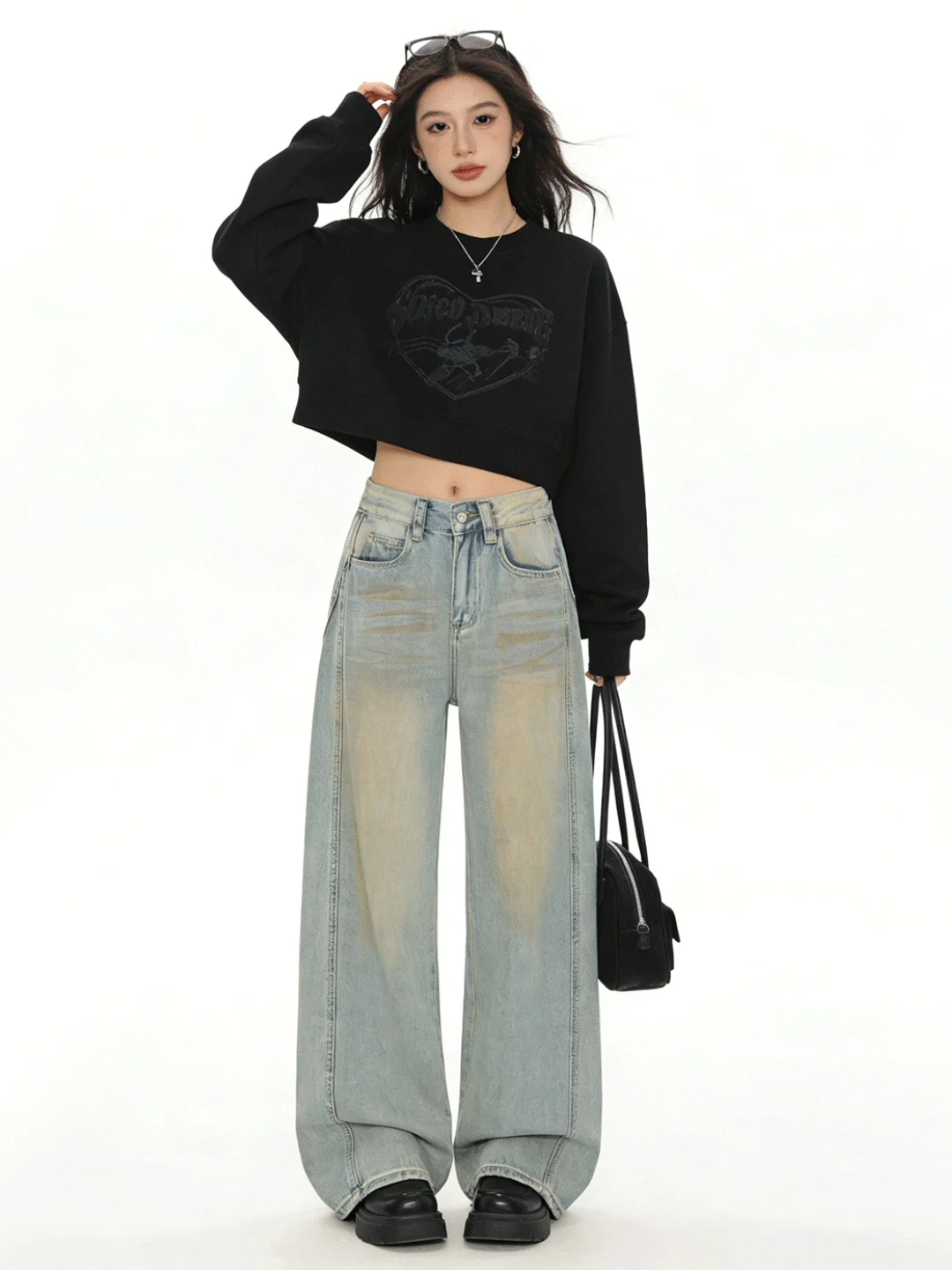 

Korean Sle High Waist Wide Leg Jeans adual Wear Residue Vintage Loose Floor-Length Pants Women's Spring Faion