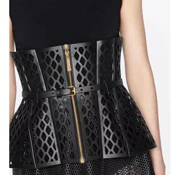 Wide Cowhide Waistband for Women Runway Black Hollow Out Zipper Cummerbund Vintage Slimming Belts Body Shaping Girdle Belts New