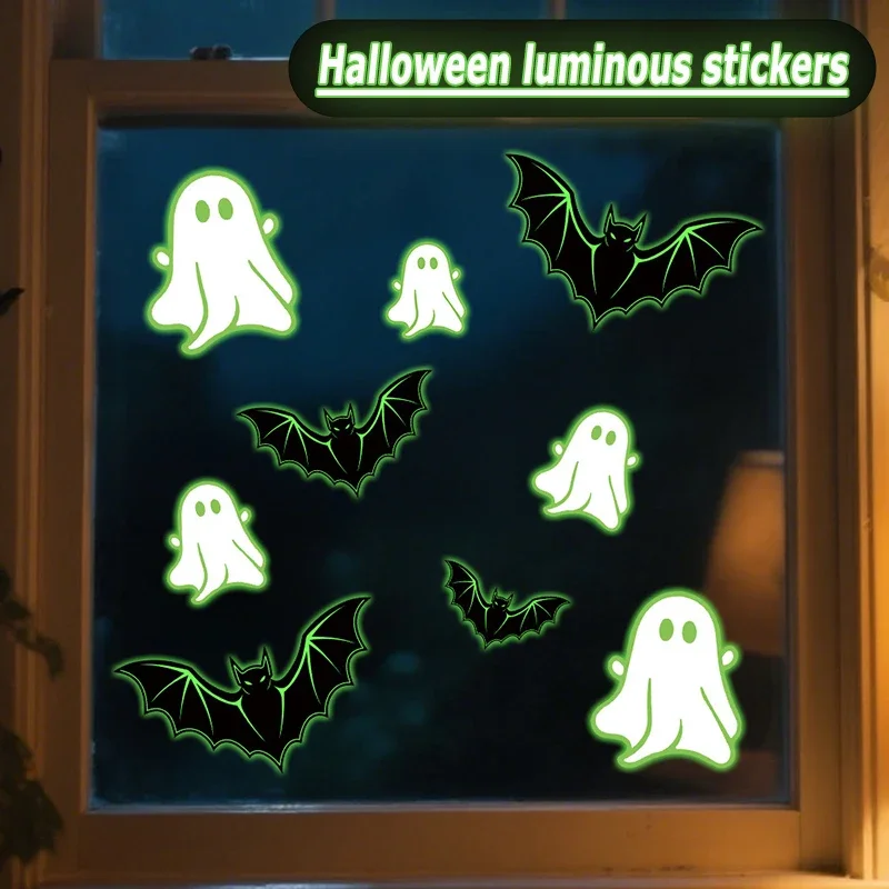 Halloween Bat Ghost Luminous Stickers, Halloween Ghost Faces, Green Light Eyes, Party Decoration Self-adhesive Wall Stickers