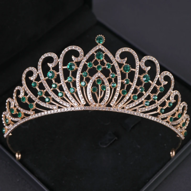 الأخضر كريستال تيارا تاج الأميرة حفلة موسيقية التيجان والتيجان النساء الإكليل الزفاف الزفاف إكسسوارات الشعر مجوهرات خوذة