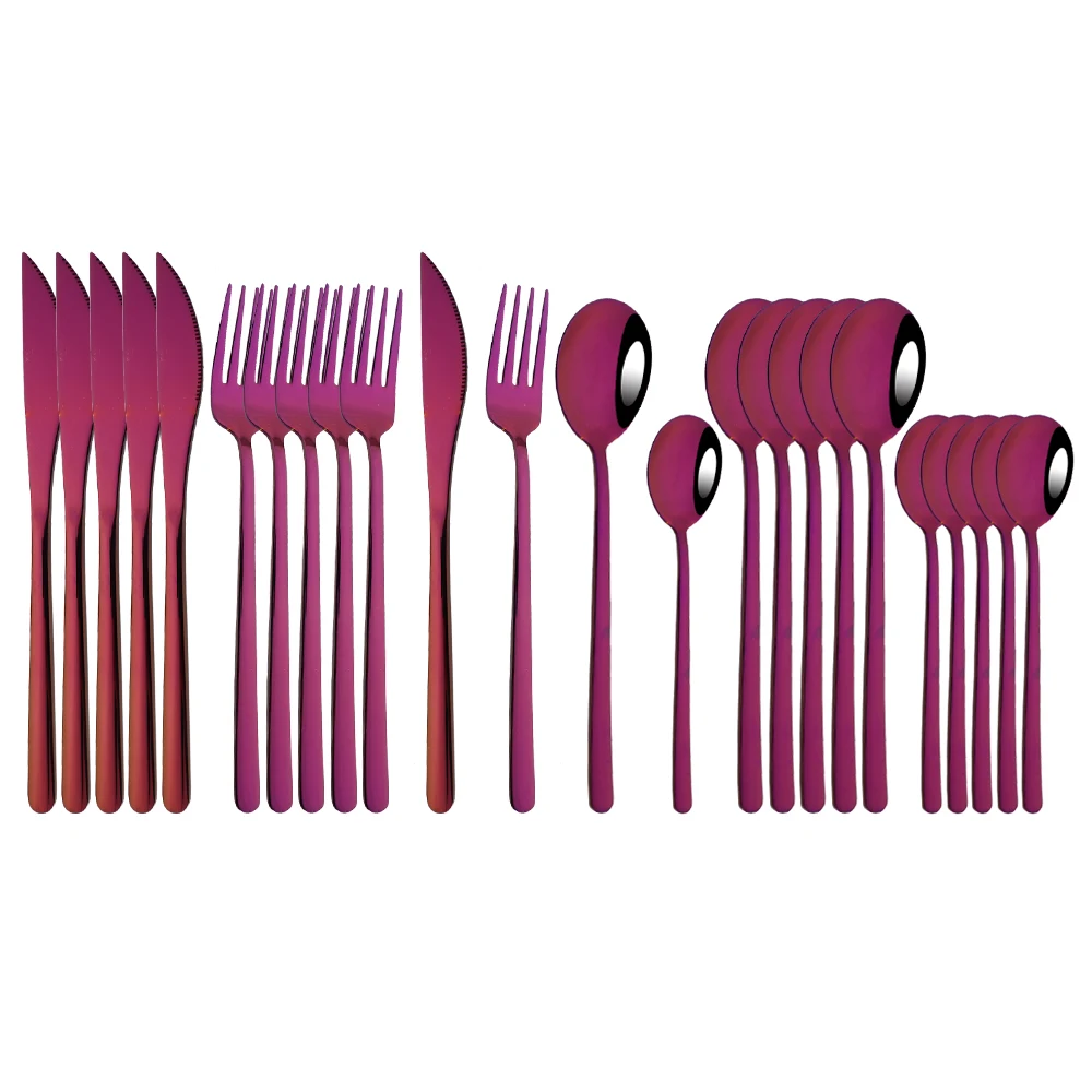 24Pcs Western Mirror Purple Tableware Cutlery Set 304 Stainless Steel Flawtare Steak Knife Fork Spoon Dinnerwar Silverware Set