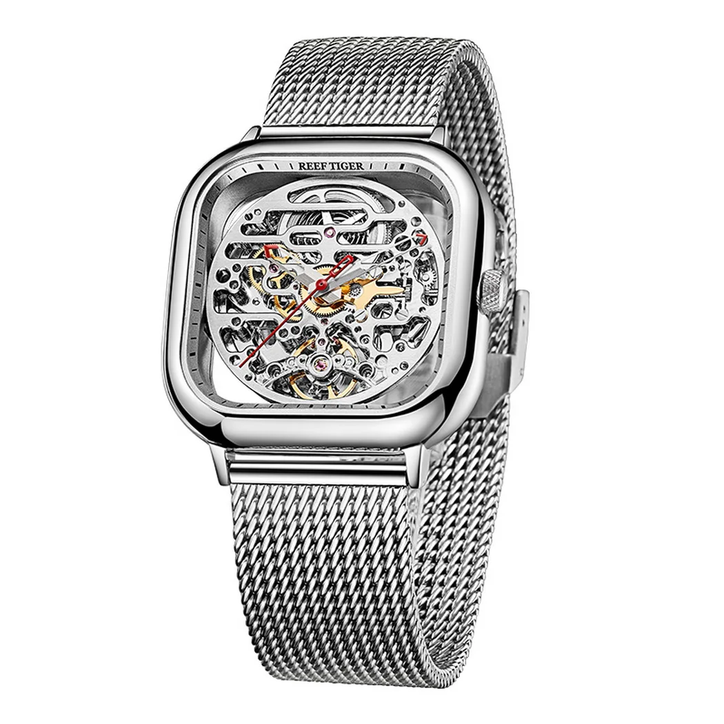 Reef Tiger Men นาฬิกาอัตโนมัติ 44 มม.นาฬิกาข้อมือ 50M กันน้ํา Lume Sapphire Mirror Hollow OUT Dial