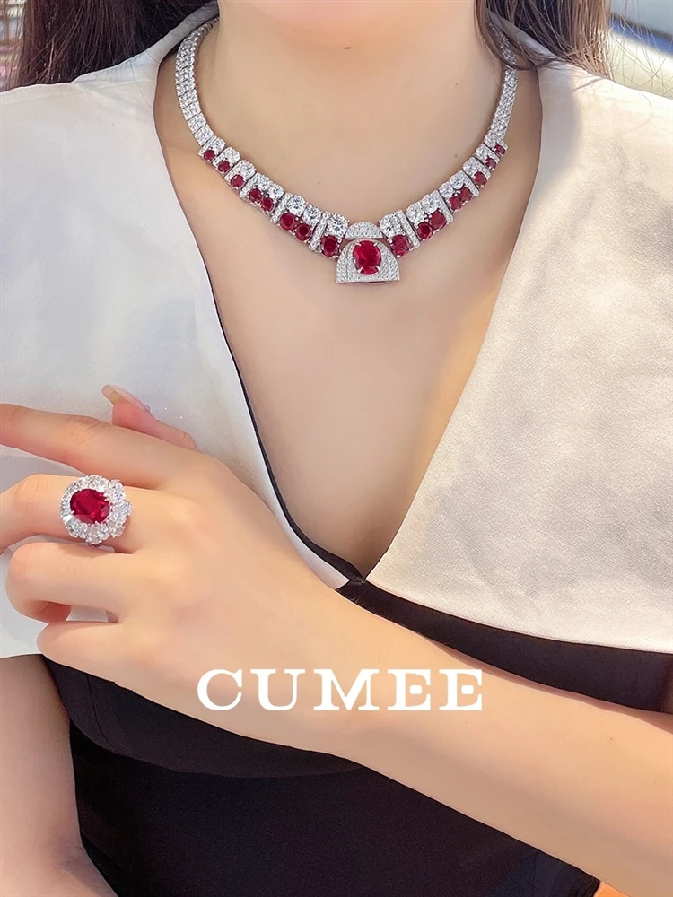 Cumee Classical Sophisticated Fashion Cubic Zirconia Ruby Necklace. 925 Silver Gold-plated for Party Engagement Holidays