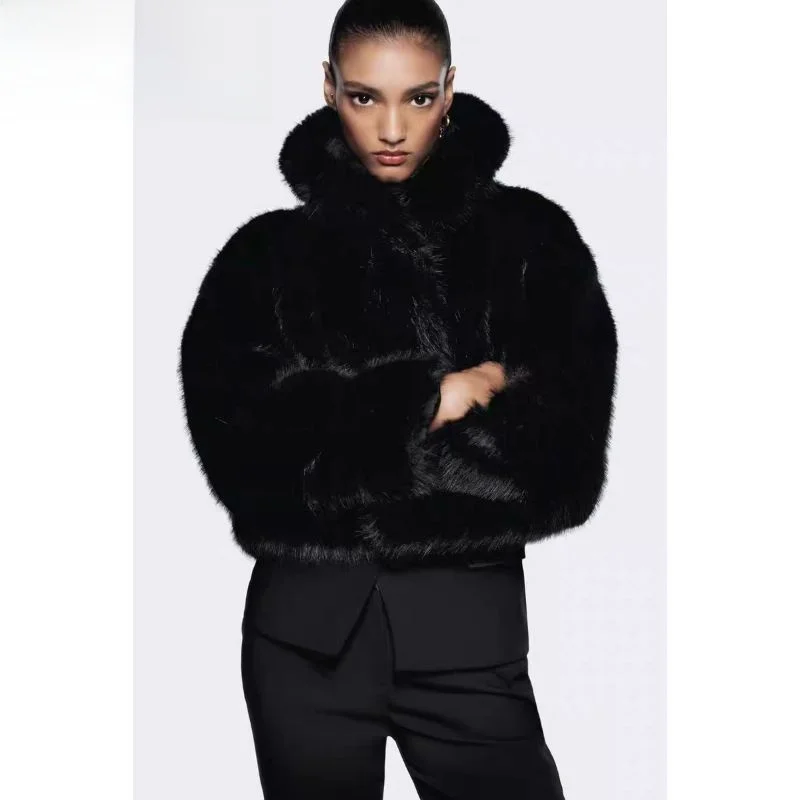 

Autumn Winter New Arrival Women's Long Sve Faux Fur Effect Jaet Coat Stand Collar Button Closure ort Length Pure Color