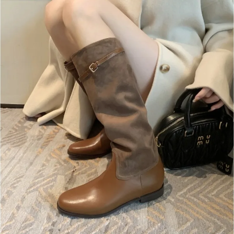 

Новейшие осенне-зимние рыцарские сапоги до колена с круглым носком на массивном каблуке, женская повседневная обувь из коровьей замши из натуральной кожи