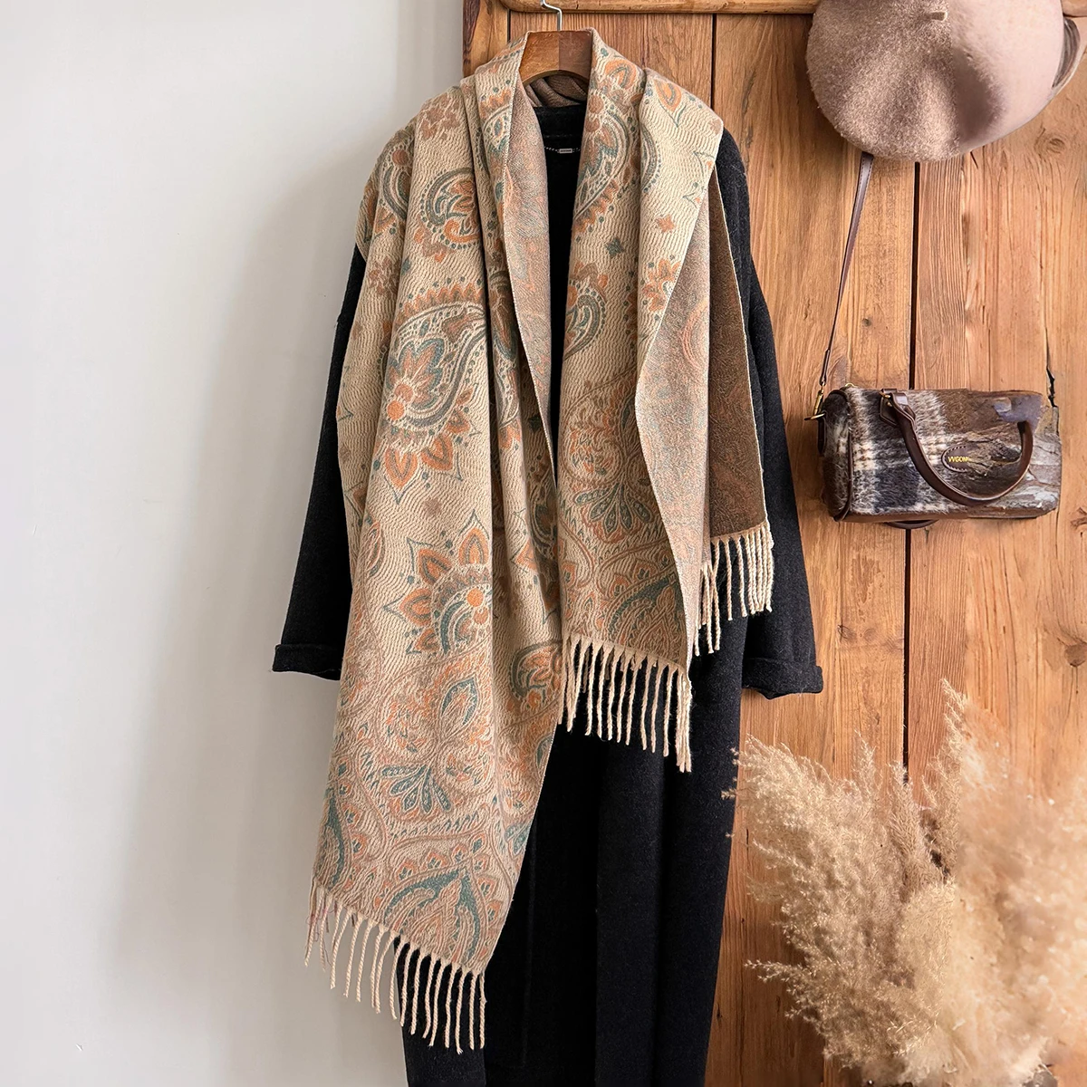 

Brand Fashion Winter Warm Cashmere Scarf - Women's Tasseled Vintage Floral Oil Painting Printed Pashmina Thick Shawl & Poncho