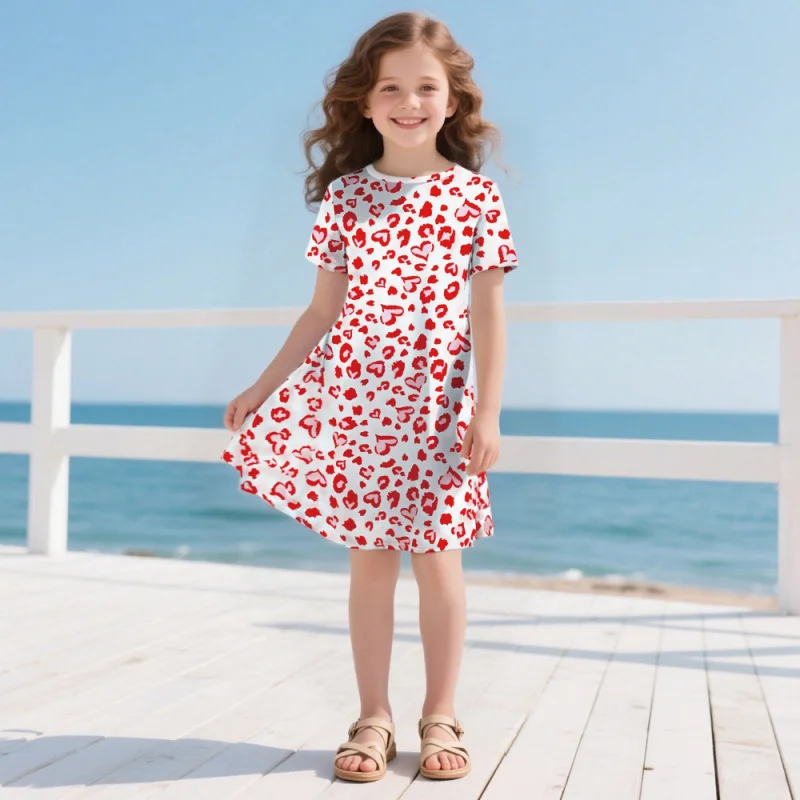 

Girls Heart Leopard Print Dress Casual Short Sleeve Midi Summer Outfit Kids Party Princess Clothes 2026 New Style