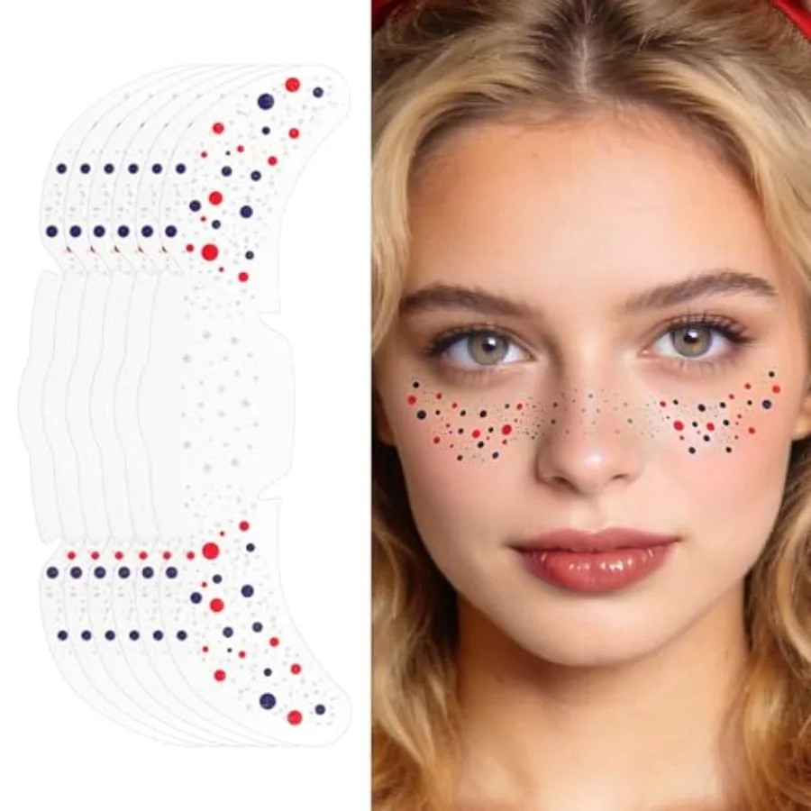 

Red White and Blue Glitter Freckles Face Tattoo, 4th of July Temporary Tattoos, 4th of July Outfit Accessories for Women,,Patri