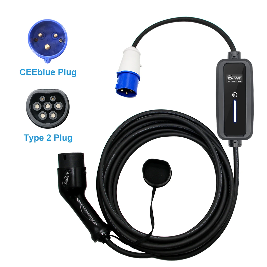 Adjustable Level 2 EV Charger J1772 Type1 And IEC 62196 Type 2 16/32A 1P 7KW EVSE Control 5m Portable Electric Vehicle Cars