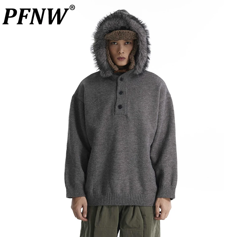 PFNW American Vintage Removable Fur Hooded Kintting Sweater For Men Autumn Winter Knitting Oversized Pullover Tops Tide 28W5612