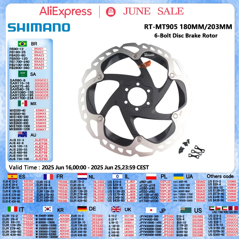 

Ротор Shimano RT-MT905, 6-болтовый ротор дискового тормоза, 180 мм, 203 мм, черный MT905, дисковый ротор Ice Technologies, часть для шоссейного велосипеда