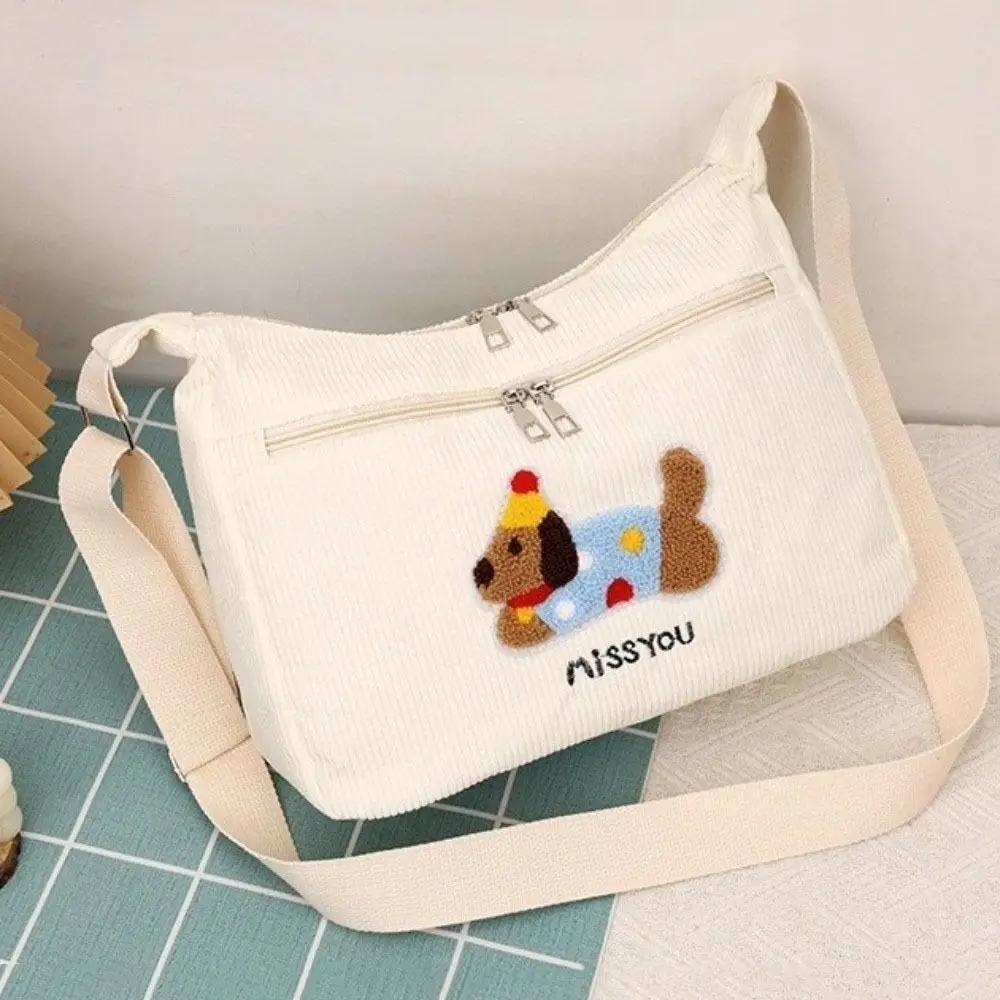 Cartoon Dachshund Shoulder Bag Solid Color Large Capacity Corduroy Crossbody Bag Zipper Closure Embroidery Women Handbag School