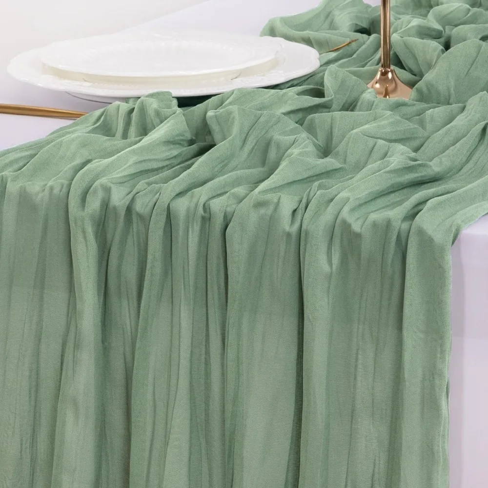 90*180CM 1Pcs Green Cheesecloth Table Long Runner Bohemian Gauze Tablecloth Decoration for Wedding Party Banquet Bride Shower