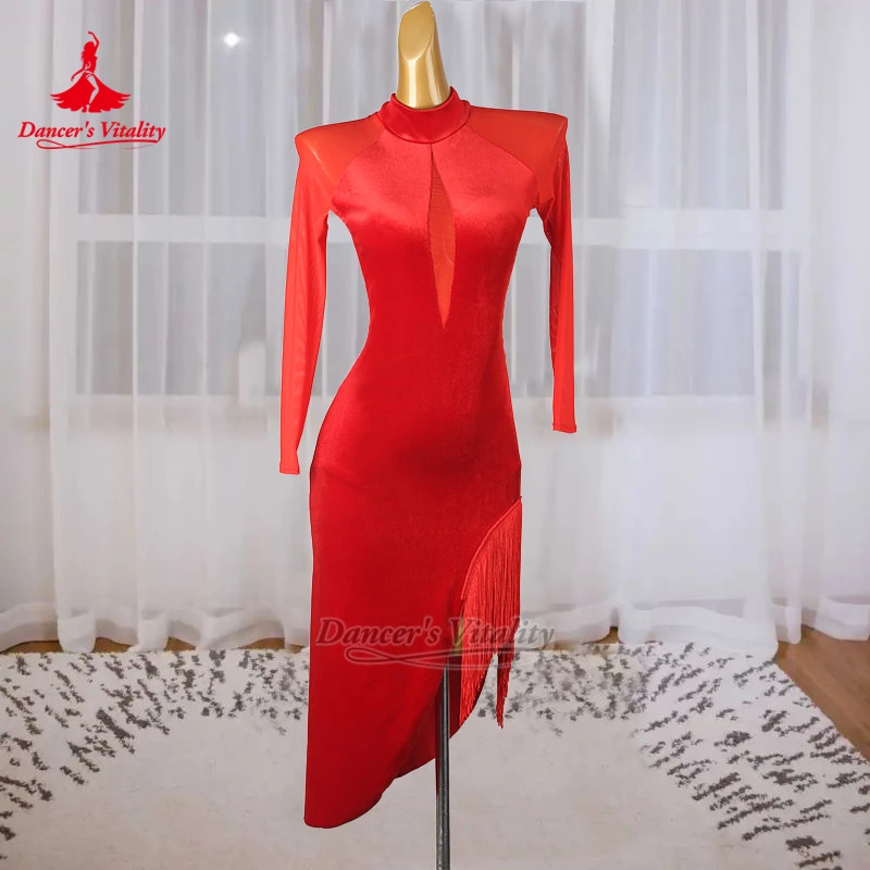 

Вельветовые платья с высоким воротом для латиноамериканских танцев (чача, самба, румба) на заказ, для взрослых, с асимметричным низом, для тренировок и выступлений, для танцовщиц.