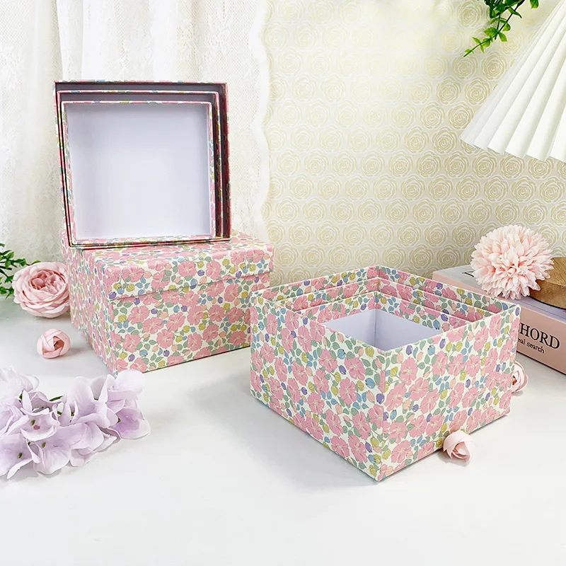 

4-Piece Square Floral Gift Box With Lid, Multi-Purpose Nested Gift Packaging Box, Suitable For Daily Storage, Weddings, Birthday