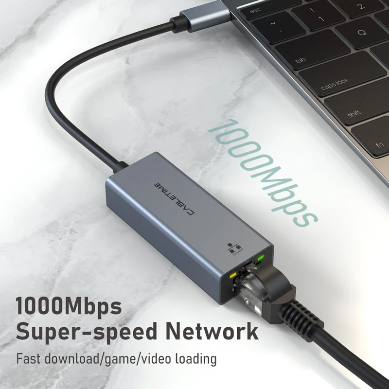 CABLETIME USB C Network Adapter 1000Mbps Ethernet RJ45 LAN Card High Speed Connectivity for PC Dell Lenovo