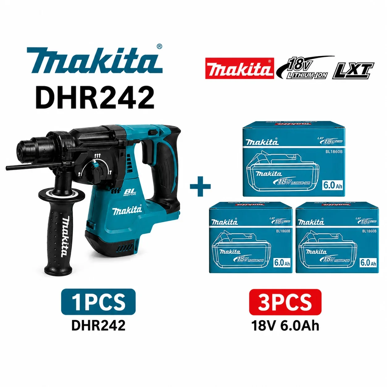 Original Makita DHR242 Professioneller bürstenloser Bohrhammer-Kit, 18V LXT, 6,0Ah Akku enthalten, 24mm SDS-Plus, 2,0J Schlagenergie, schneller EU-Versand