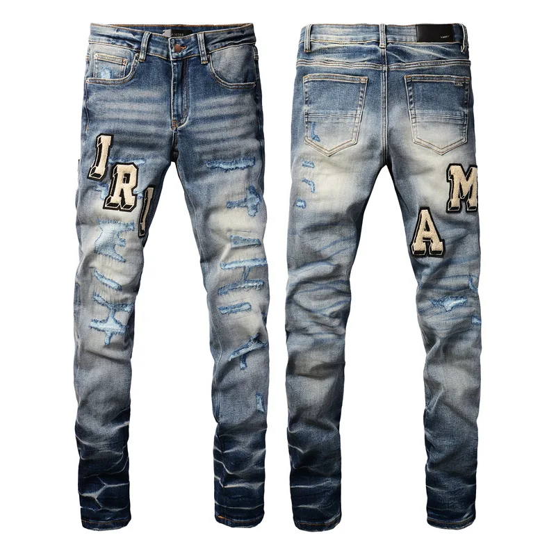 Top quality AMIR new trend slim fit elastic versatile distressed pants blue distressed fabric sticker letter fashionable jeans