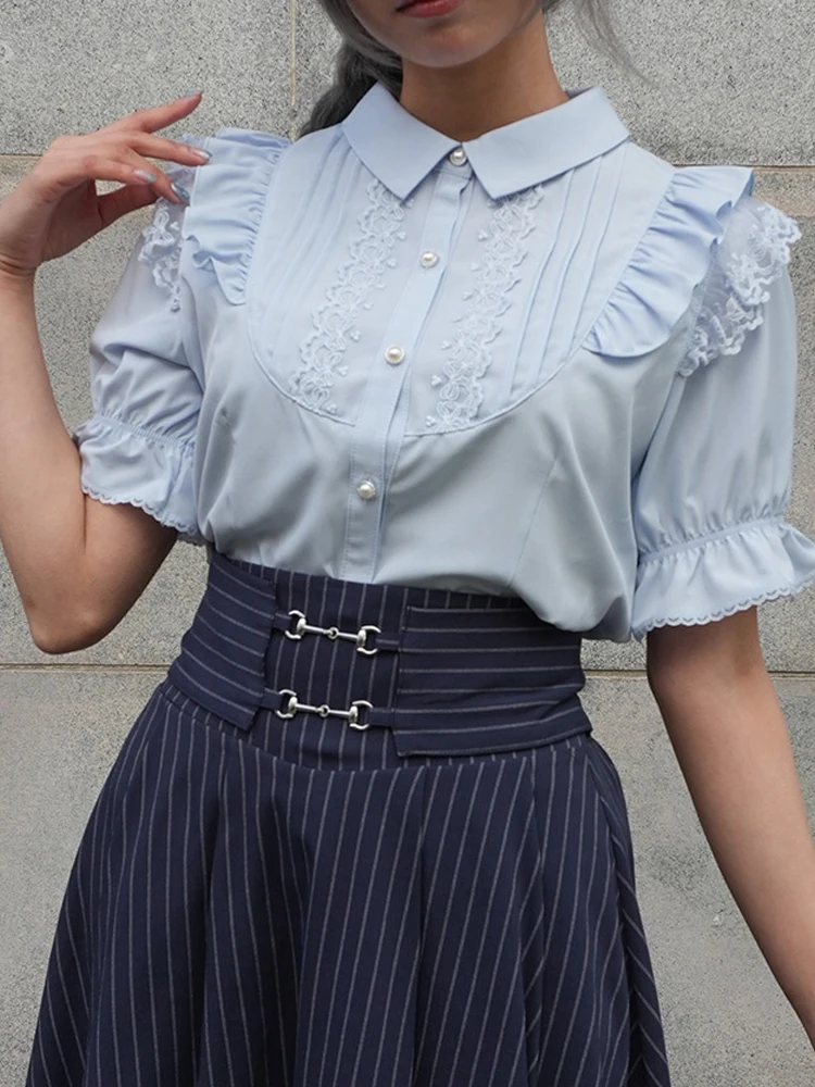 

Cute Lace Decorated Short Sleeve Patchwork Shirt Japanese Style Sweet Girl Versatile Shirt Axes Femme CI81X70P Spring 2026