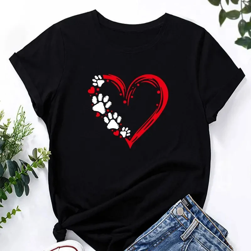 Summer Casual Paw Print T-Shirt  Semi-Sheer, Mid Elasticity  Women's Crew Neck Polyester Top