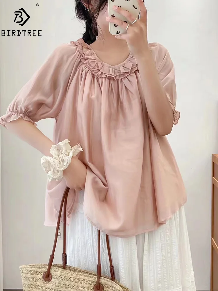 

New Summer Cotton Short Sleeve Shirt Round Neck Solid Color Ruched Top Mori Girl Sweet Loose Retro Blouse 2024 Autumn T46932QM