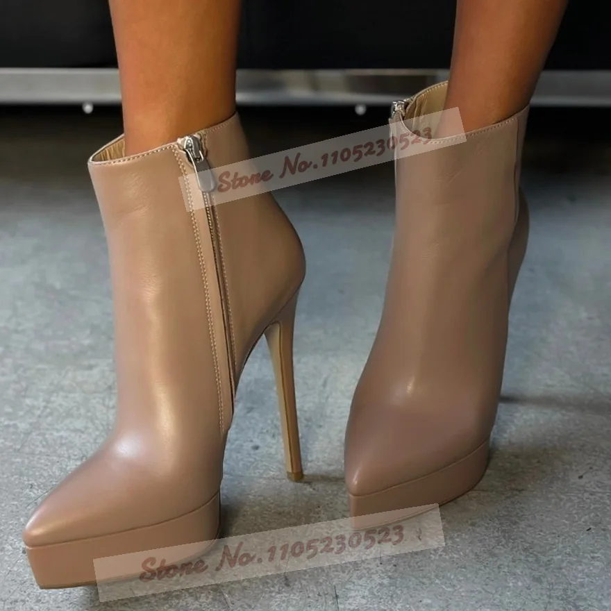 Burgundy Nude Matte Platform Ankle Boots Stiletto Heels Pointed Toe Short Booties Zipped Outside Motorcycle Boots Elegant Shoes view 4