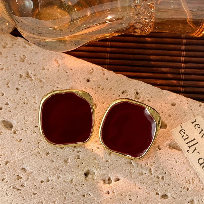 Minimalistische weinrote quadratische Ohrstecker für Damen, goldfarben, Kreis, Vintage-Geometrie, Herz-Ohrringe, 2025, neuer Design-Schmuck – Detail 12
