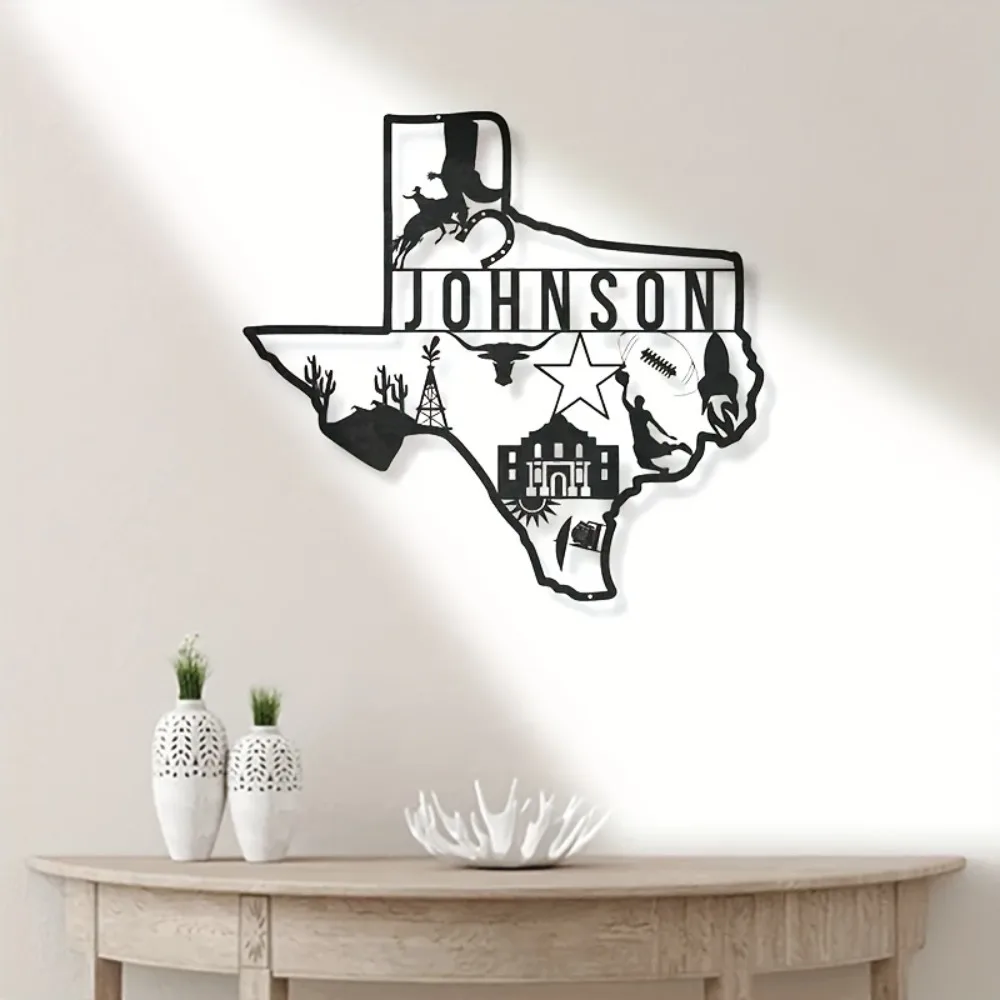 Custom Texas Iron Wall Plaque 2D Flat Personalized Home Name Sign Lone Star State Theme Modern Decorative Wall Hanging