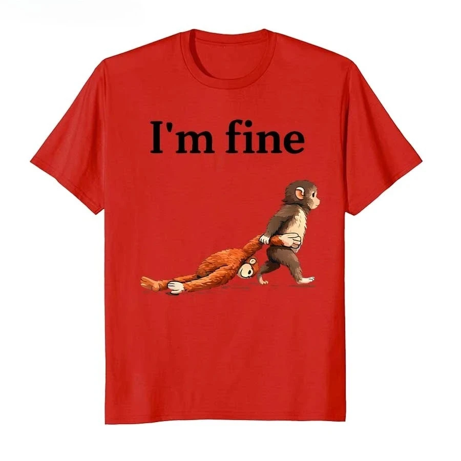 Sad Monkey Punch Meme with an Orange Toy I'm Fine T-shirt For Men Women  T Shirts Short Sleeve Tops P810