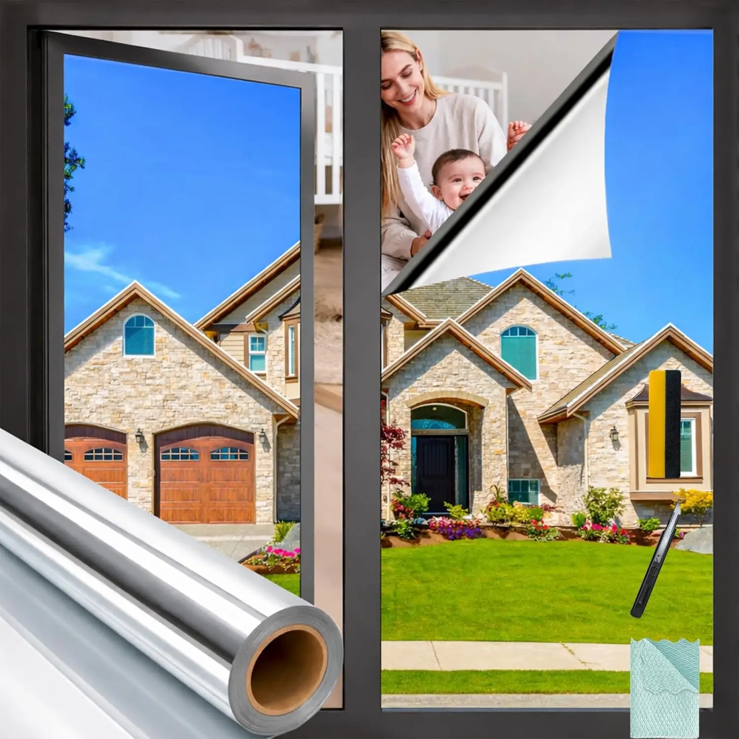 

One Way Privacy Window Film, Reflective Window Tint for Home with Tools, Heat Blocking Anti UV, 17.5" x 78.7" Silver