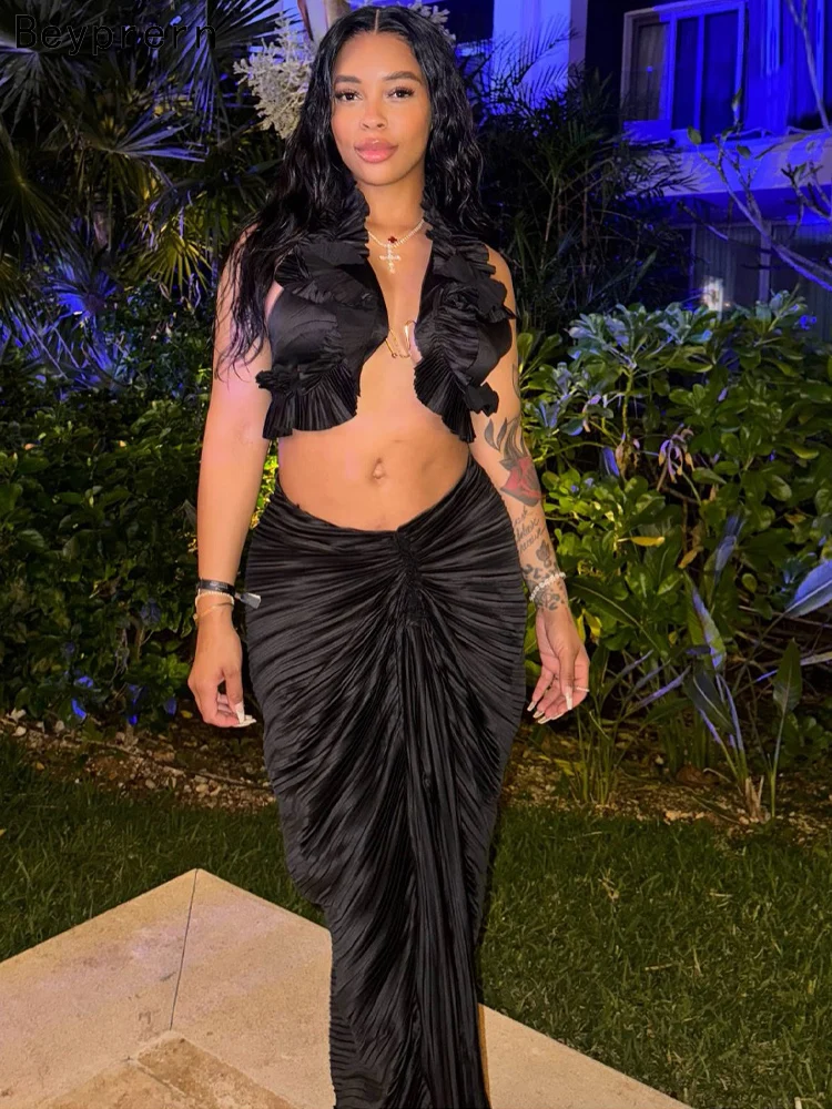 Beyprern Sexy Einfarbiges Zweiteiliges Set mit Rüschen und Neckholder für Damen, ärmelloses Crop-Top und geraffter Maxirock mit Schlitz, Party- und Club-Outfit