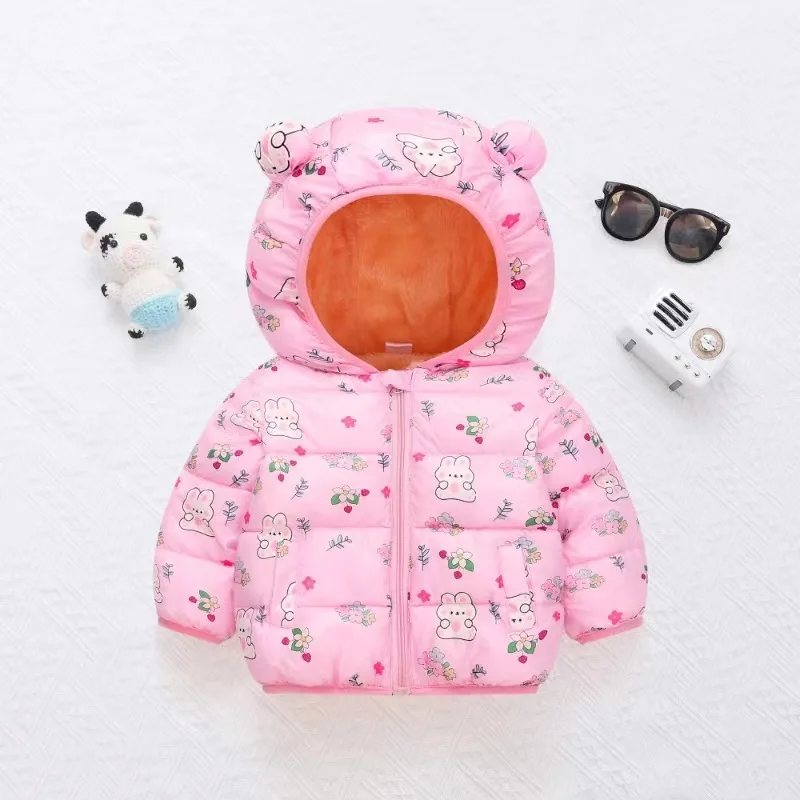 Girls Baby New Padded Down Cotton Coat Boys Cartoon Hooded Zipper Jacket Autumn Winter Children's Casual Warm Fashion Outerwear