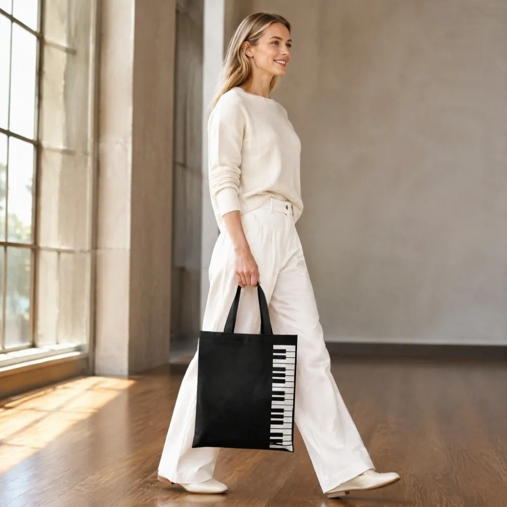 Reusable Music Handbag Non-woven Fabric Large Capacity Shopping Shoulder Bag Black + White Piano Keys Tote Daily Commute