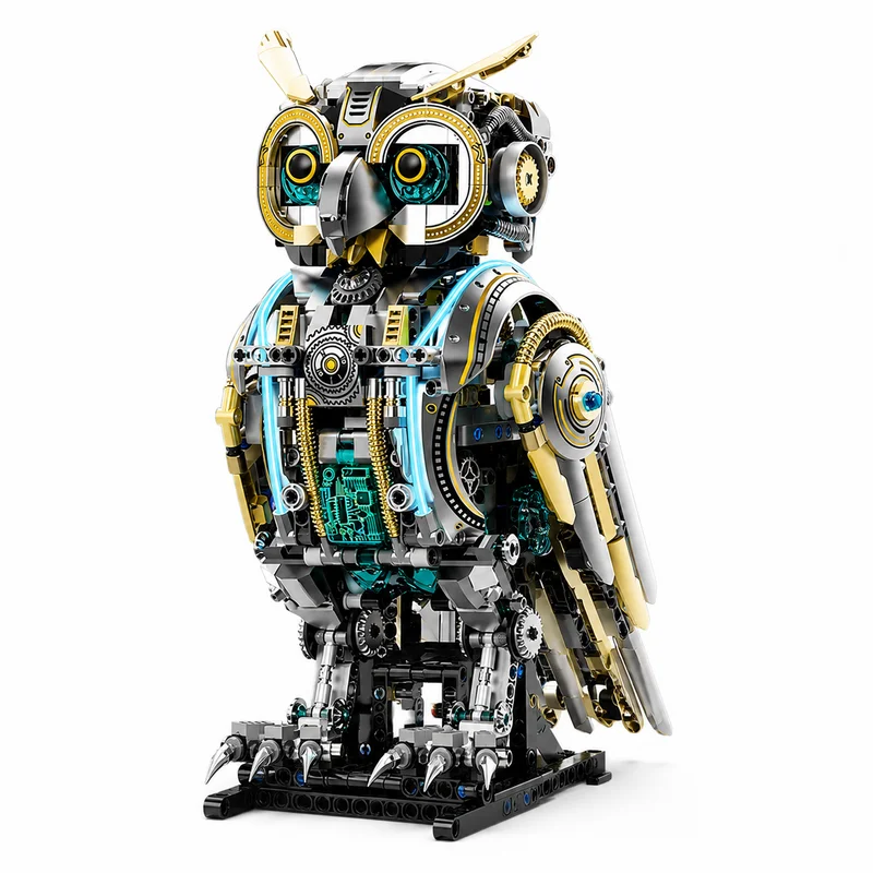Creative 1296Pcs Mechanical Owl Building Blocks Bionic Movable Light Up Bird Desktop Ornament Collectible Gift