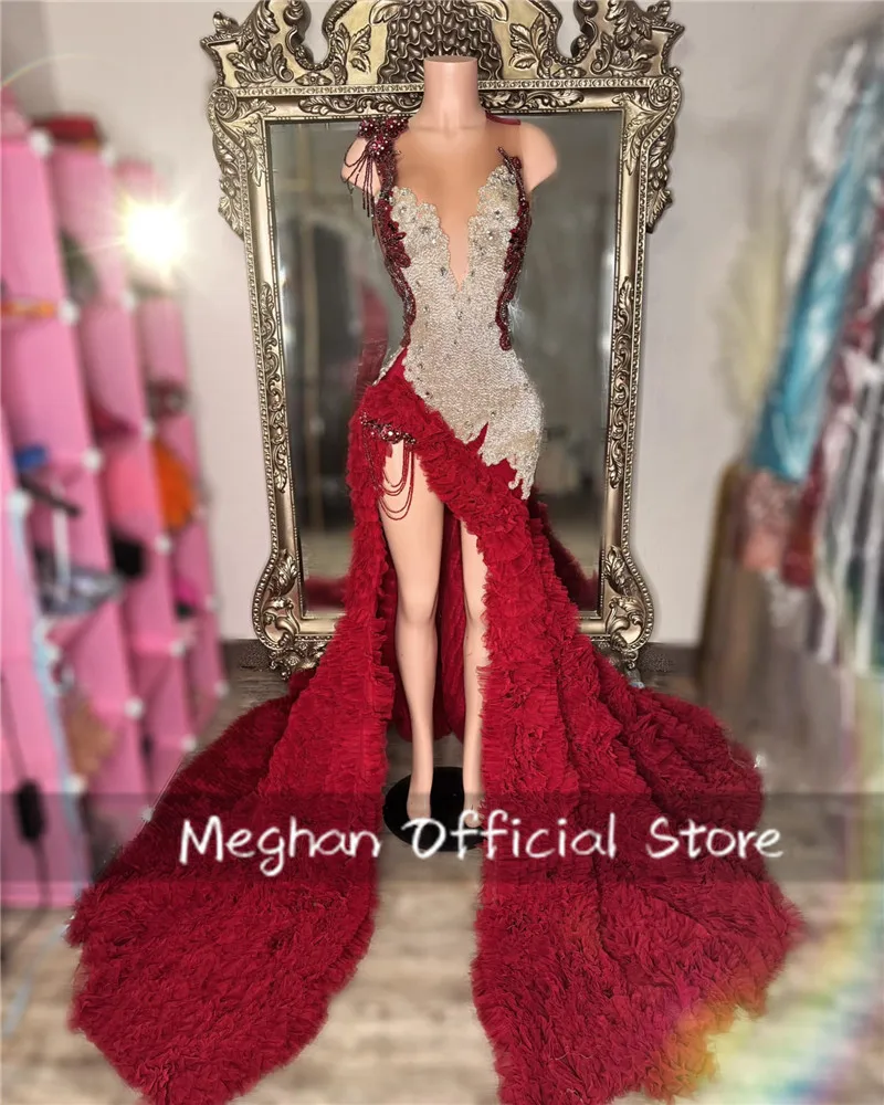 Red Long Prom Dresses For Black Girls Bead Crystal Rhinestone 2025 Birthday Luxury Dress Ruffles Tassel Evening Gown Customized