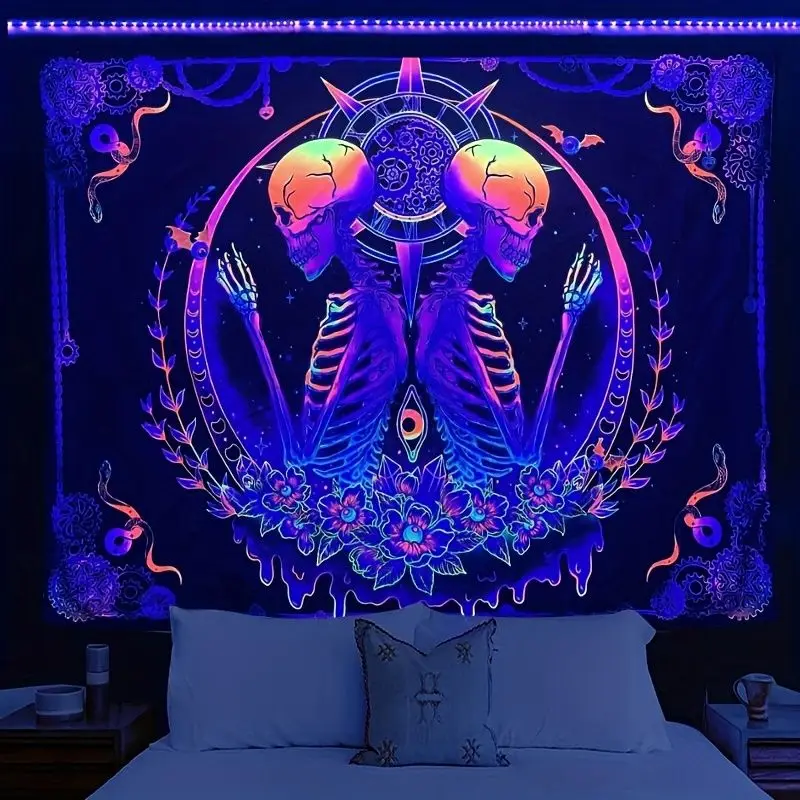 VIKAMA Blacklight Skull Tapestry Back To Back Twin Skeleton Steampunk Gear Moon Wall Hanging UV Fluorescent Bedroom Decor