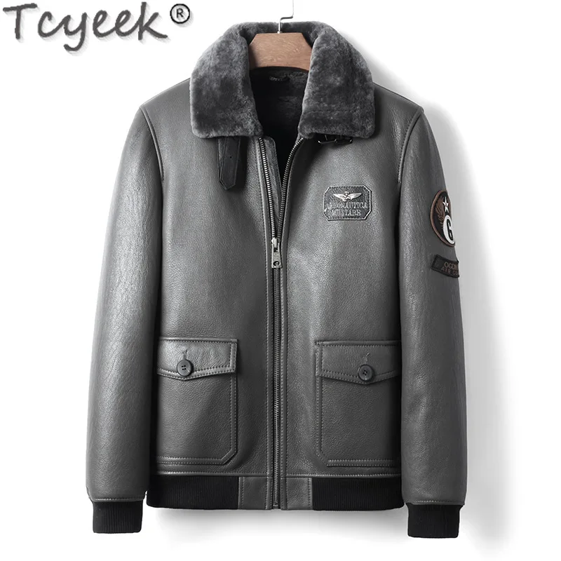 Tcyeek Genuine Leather Man Jackets Natural Sheepskin Fur Mens Coats Winter Clothes Motocycle Jacket Slim Fit Warm Real Fur Coat