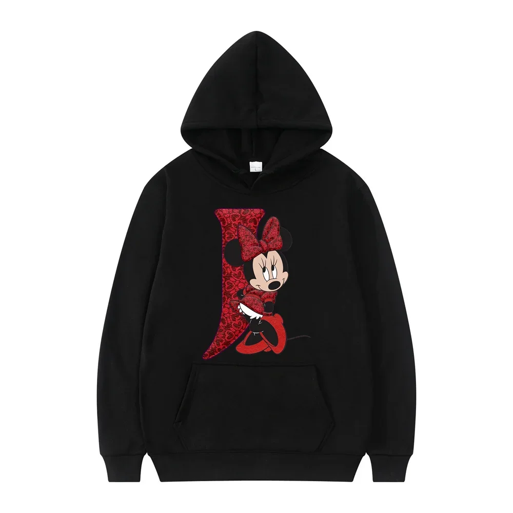 Black Hoodies Disney Red Letter A B C D Cartoon printed women's hoodie Autumn and Winter Fashion Trends Couple's clothing hoodie