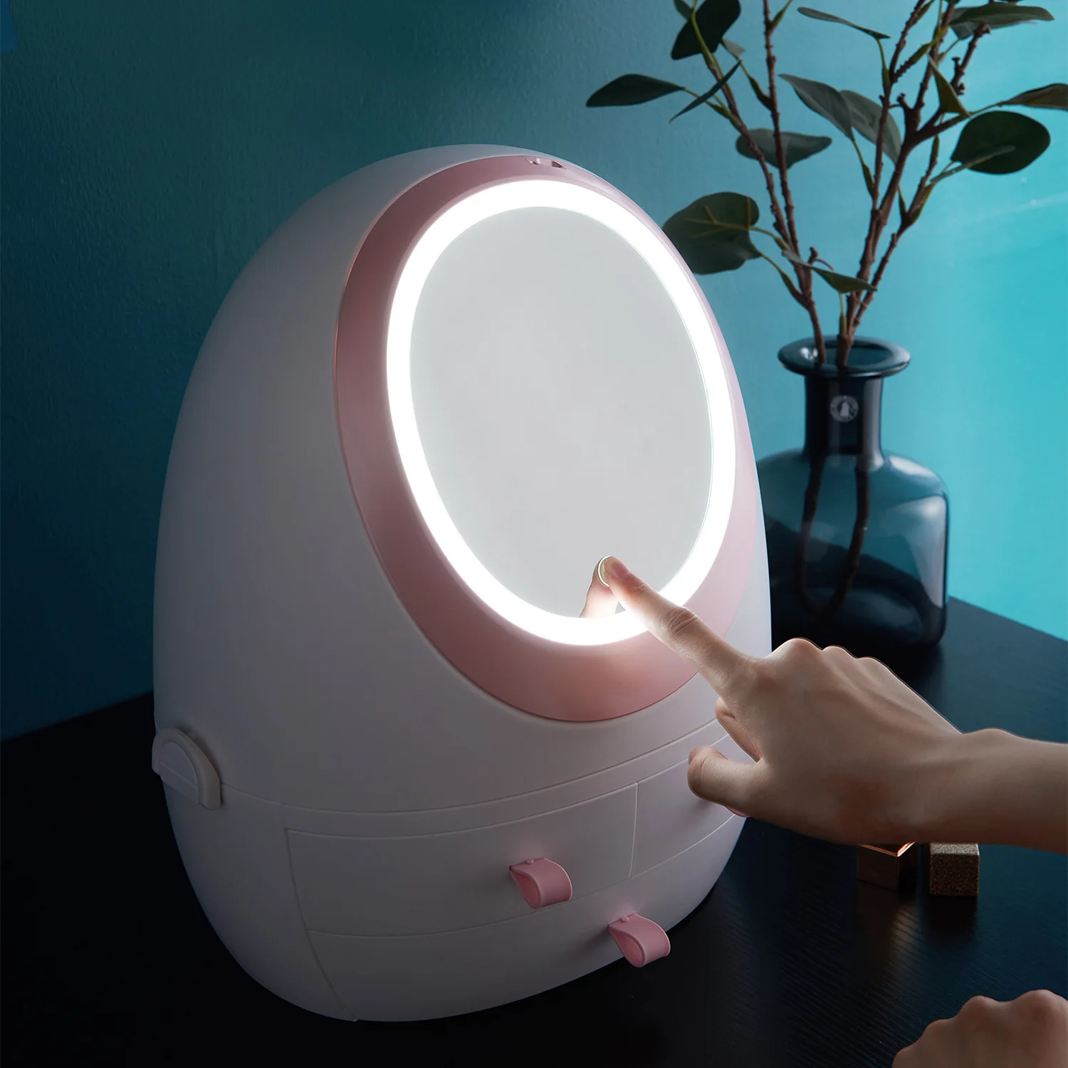 

Home White Cosmetics Organizer with Mirror Drawer Led Cosmetics Storage Box Desk