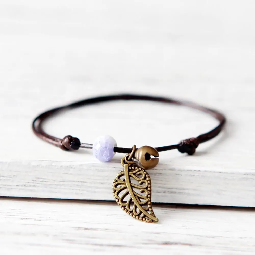 Bohemia Vintage Tree Leaf Pendant Ceramic Beaded Bracelet Men\'s Rope Bracelet Luxury Unisex Bracelet for Women Jewelry Anklets