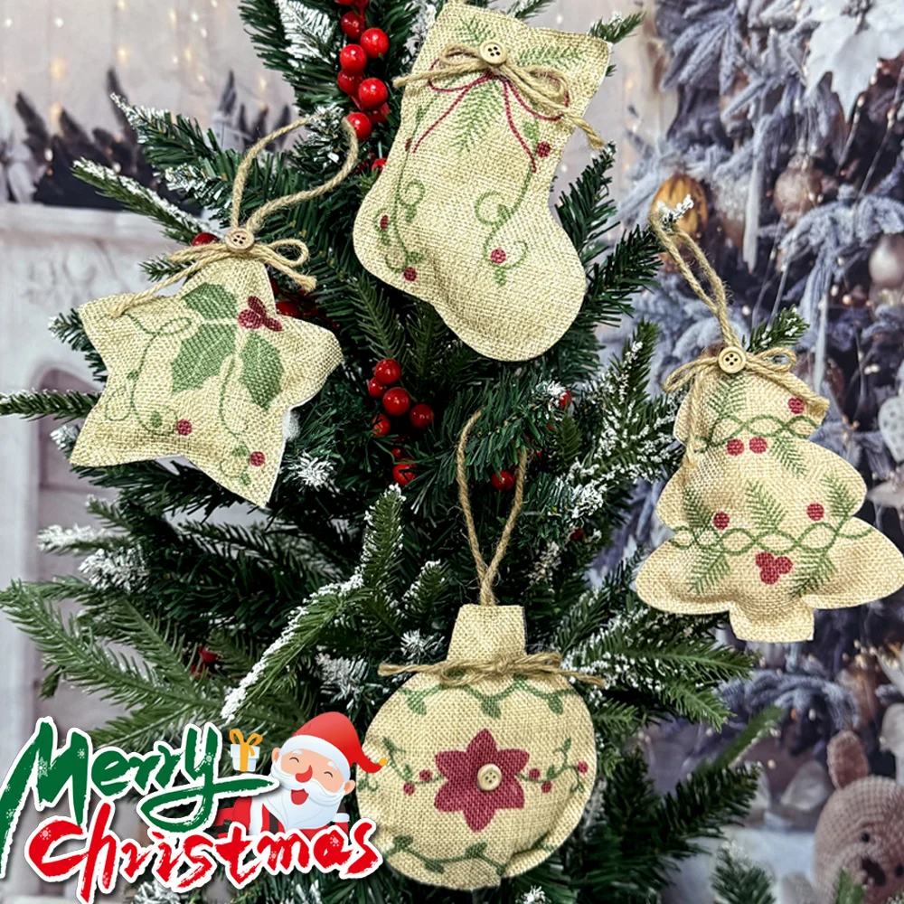 Christmas Tree Linen Pendant New Christmas Shopping Mall Home Party Decoration Small Printed Five-Pointed Star Drop Ornaments