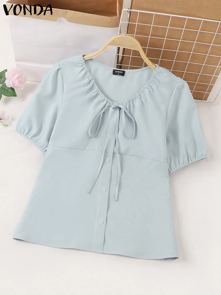 

Women Tops Elegant Blouse 2024 VONDA Summer Fashion Bohemian Solid Color Short Puff Sleeve Shirts Femme Casual Loose Beach Blusa