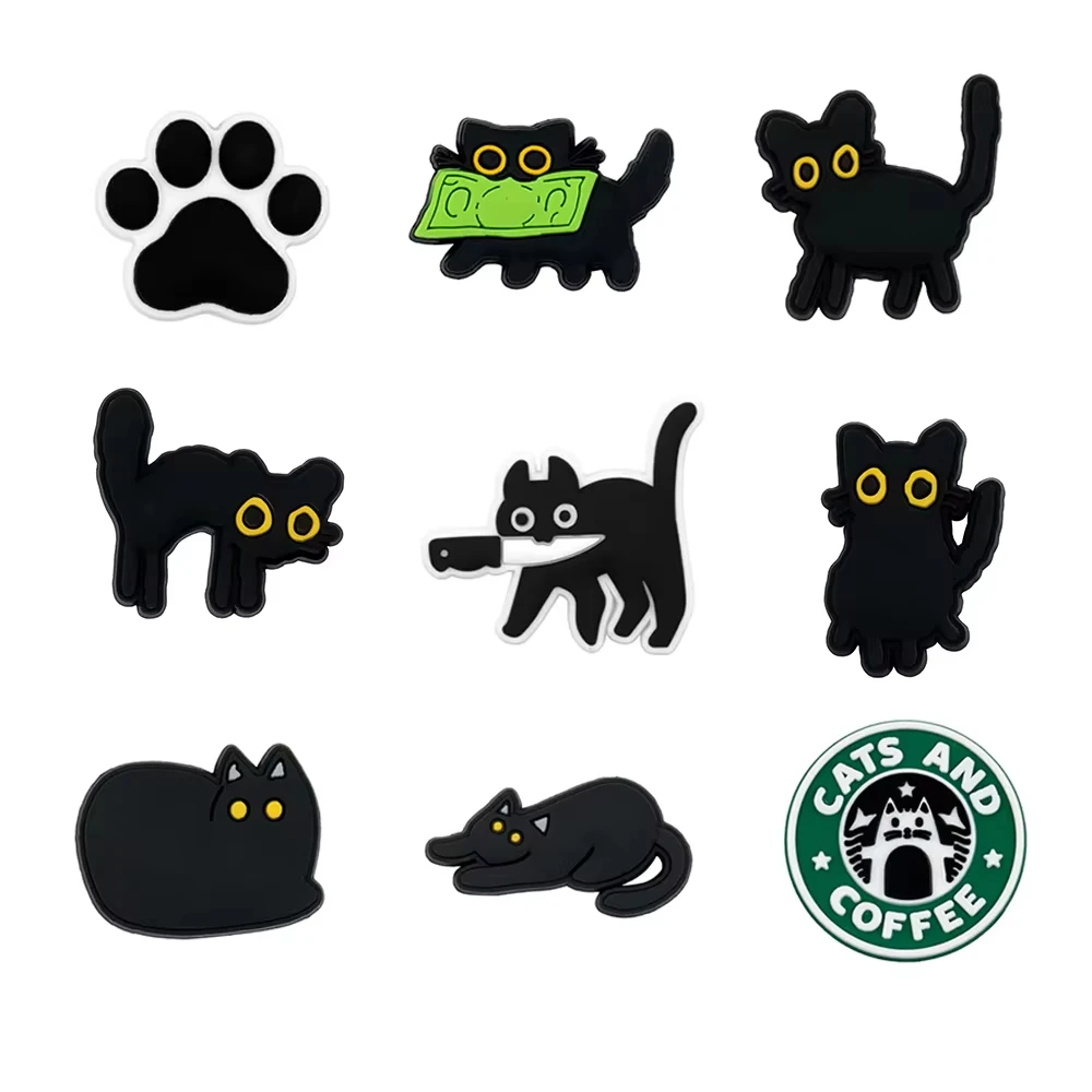 Set de 9 dijes negros para Crocs con diseño de gato, bonitos adornos de zapatos con código de programador IA, DIY para zuecos y sandalias, regalo para programadores y geeks de la informática