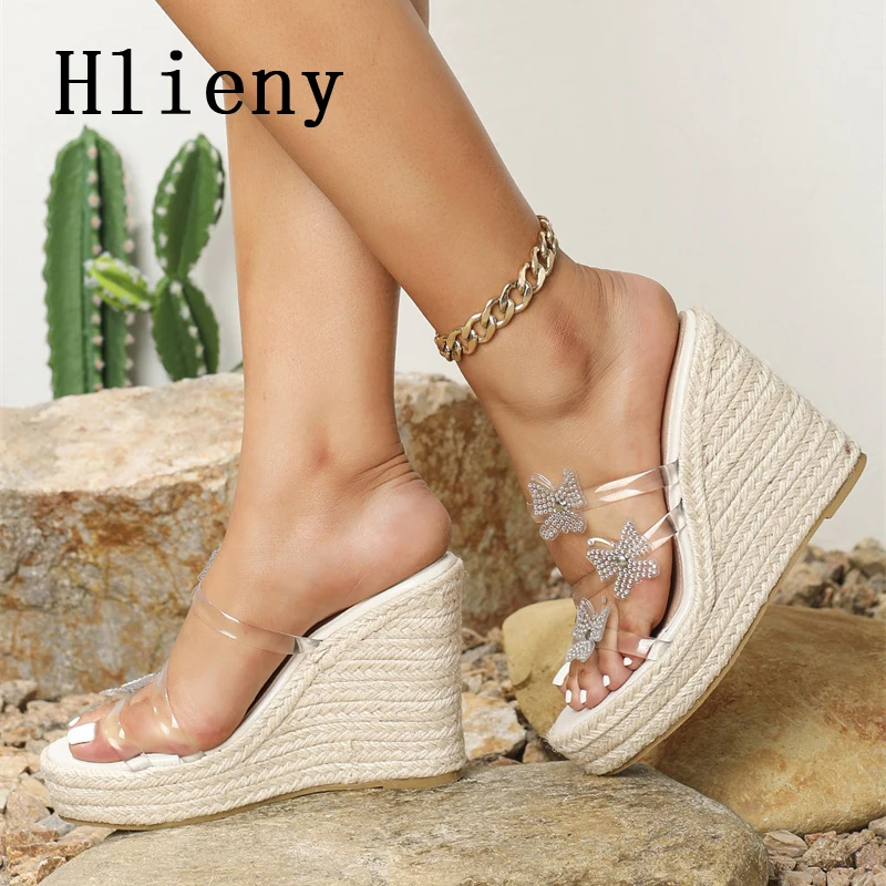 Hlieny 2024 New PVC Transparent Butterfly-knot Wedges Slippers Women Sandals Solid Platform Wedges High Heels Summer Shoes