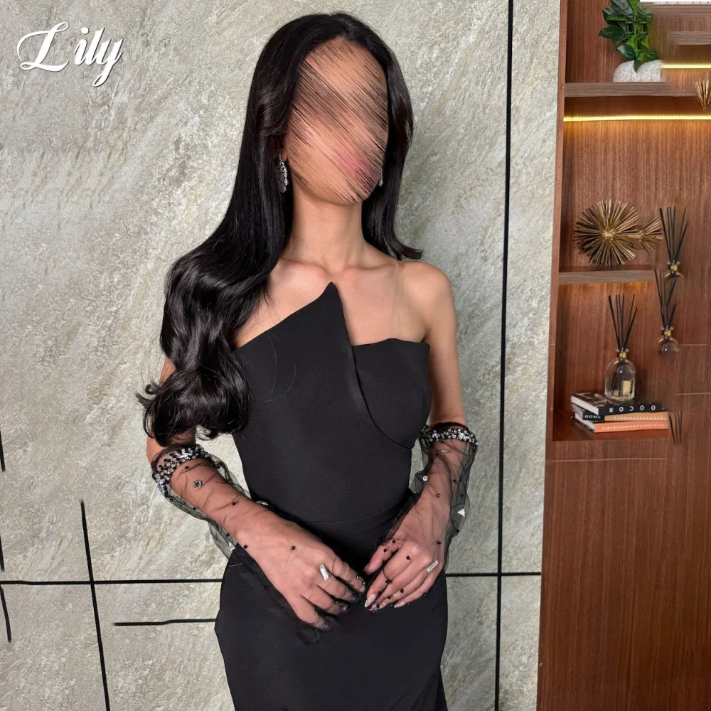 Lily – robe de soirée trompette en Satin noir, Sexy, sans manches, plis froncés, avec robe de soirée fendue, personnalisée