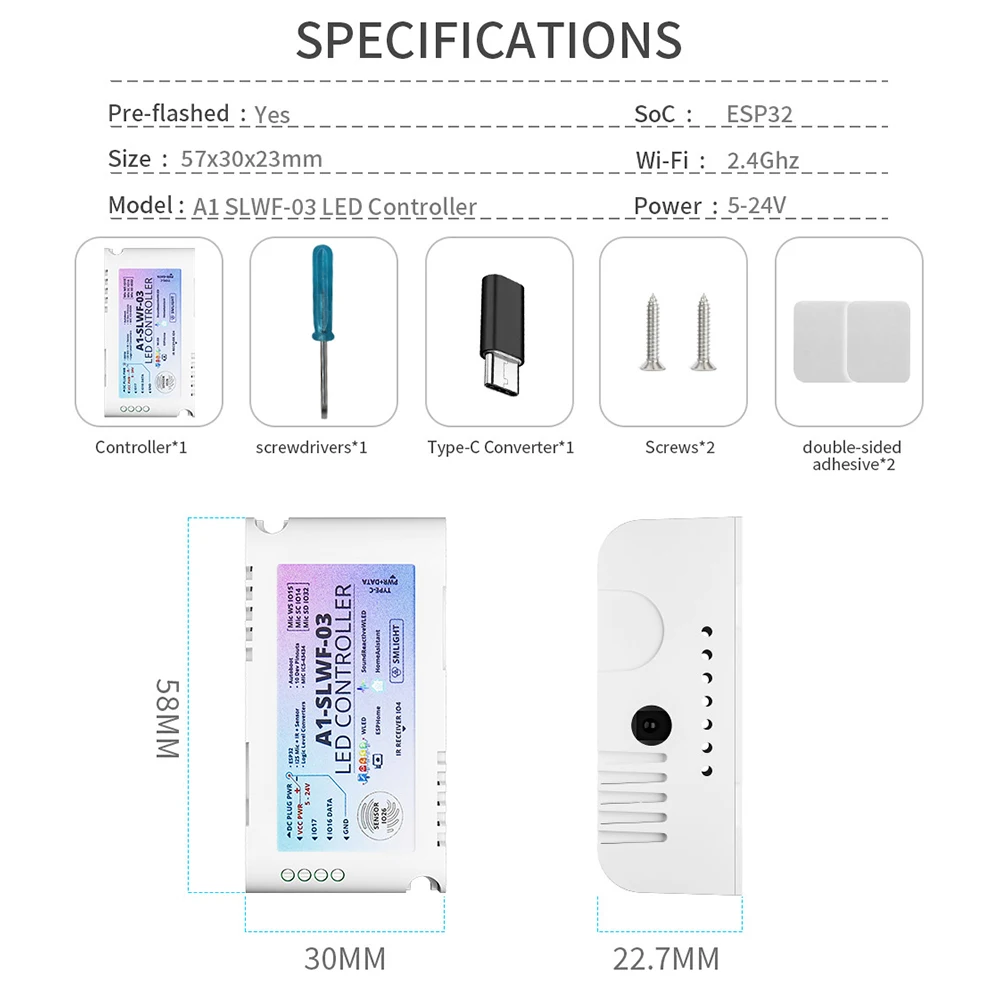 ESP32 SMLIGHT WLED Mic RGBIC Pixels LED Contrmatérielle Home Assistant Control WS2812B WS2811 WS2813 WS2815 LED Bande Lumineuse DC5-24V