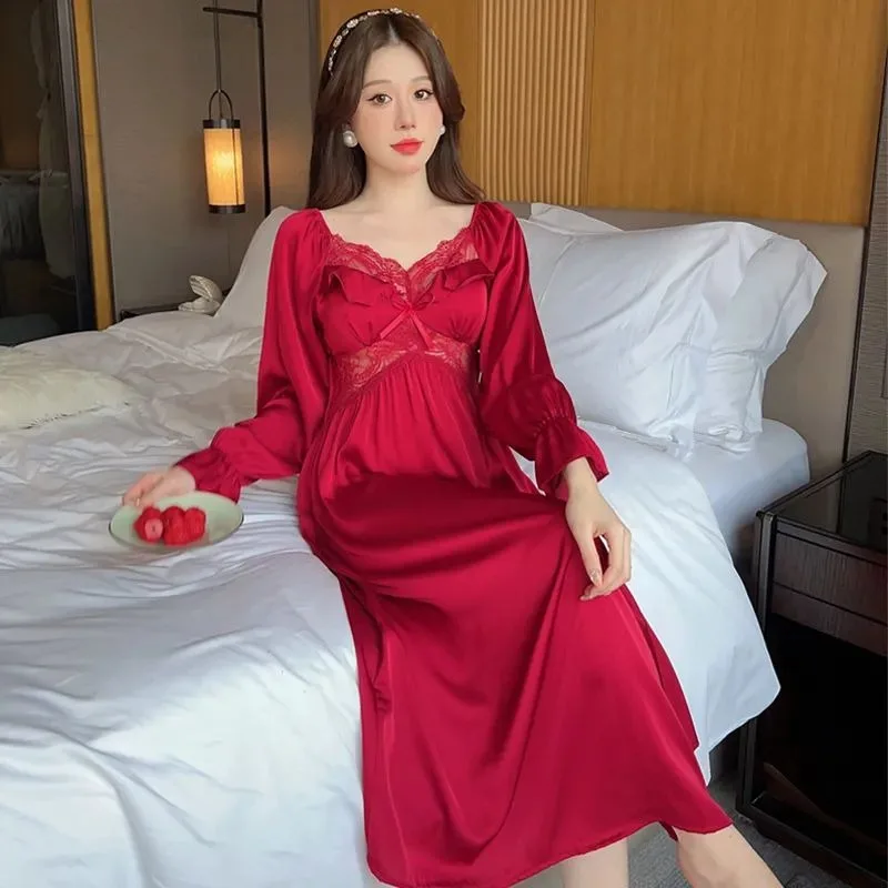 Women's New Ice Silk  French Medium and Long Skirt Lace Loungewear Pure Desire Style Nightdress Spring and Autumn Sexy Pajamas