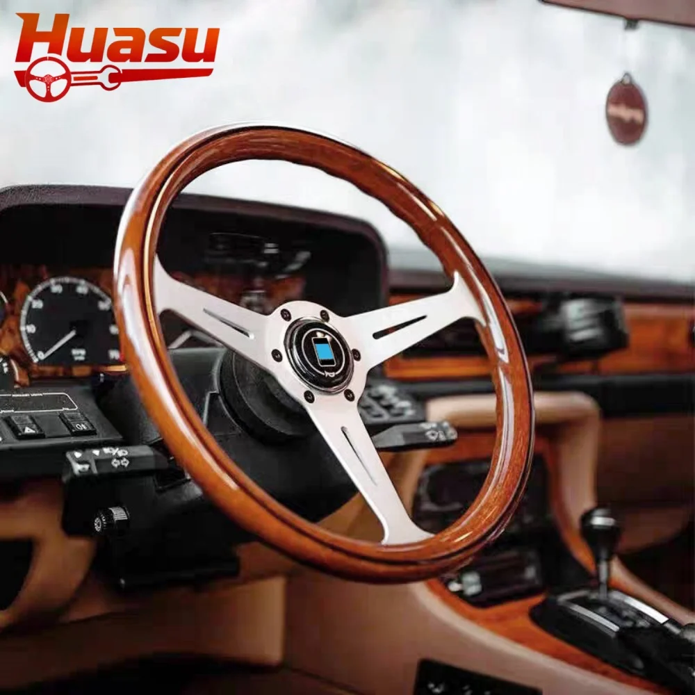 Huasu Classic Wood Grain Look Retro Car Sports Steering Wheel 14inch 350mm Small Concave ABS Grip Black Silver Aluminum Spokes