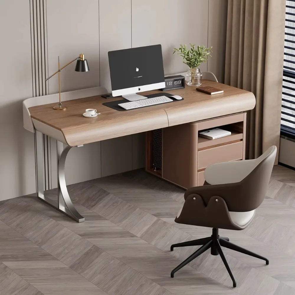 Premium Sense Simple Style Home Study Computer Desk Drawer Metal Frame Walnut Color Surface Modern Light Luxury Design
