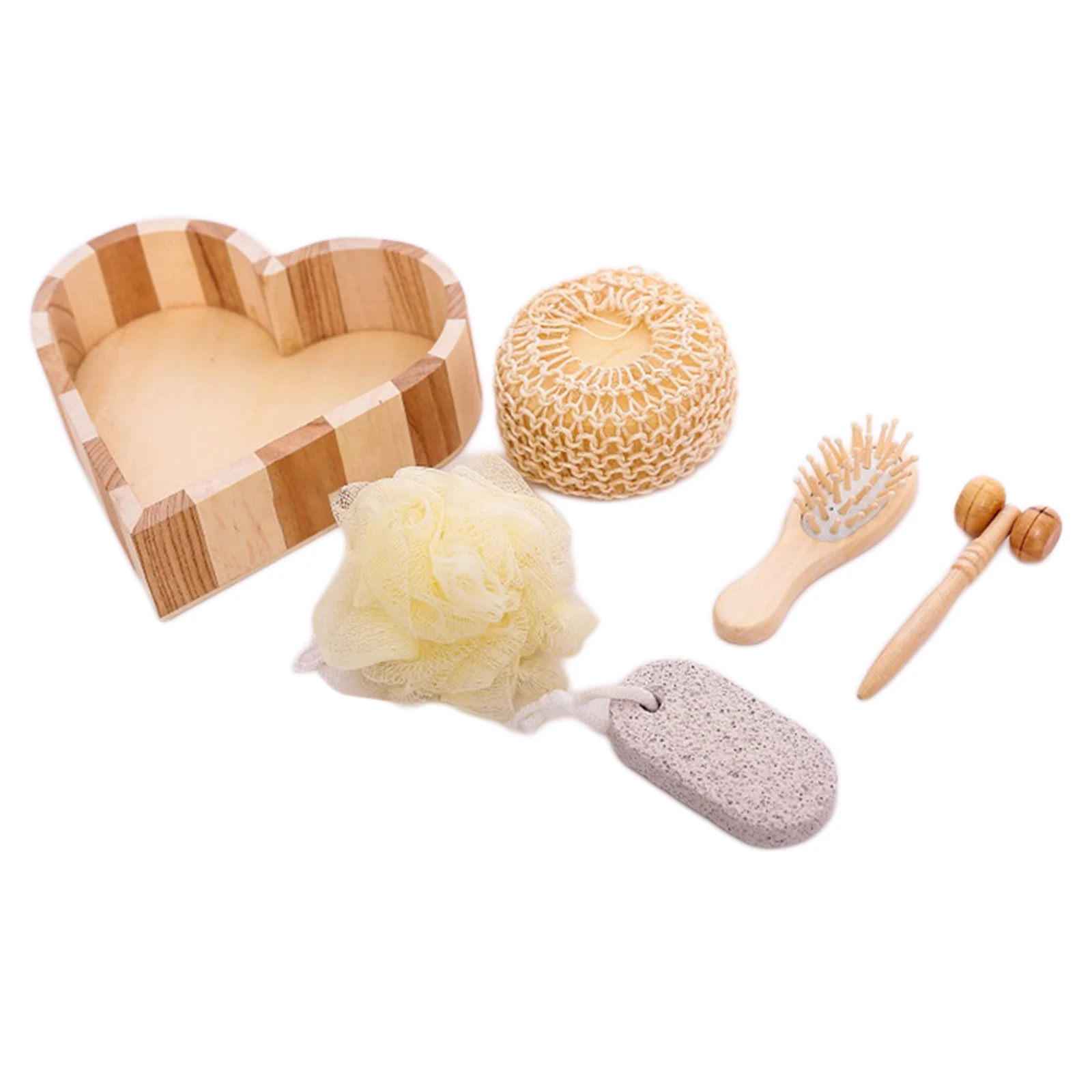 5 Stuks Bad Set In Hart Houten Doos Voor Lichaam En Voet Spa, Bad Accessoires Hart Houten Snuisterij Doos Huid Exfoliërende Cadeau